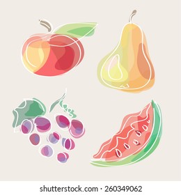 Hand drawn fruits: apple, pear, watermelon, grape. Vegetables vector illustration, doodle design. Watercolor imitation. Cute fruit background. Hand drawn fruit icons.
