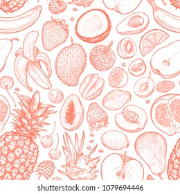Hand drawn fruits and berries abstract background. Seamless pattern. Template for your design works. Engraved style vector illustration.