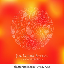 Hand drawn fruits and berries in circle on gradient mesh background. Pineapple, strawberry, goji, kiwi, apple, grapefruit, banana, blackberry, sea buckthorn, cherry, lemon, fig, papaya, grape, peach.