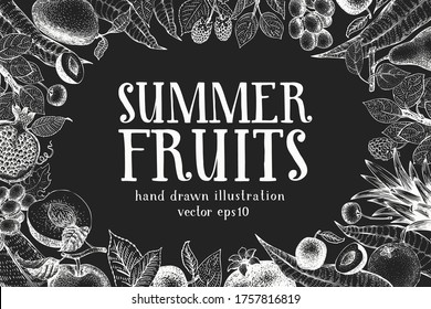 Hand drawn fruits and berries design template. Vector fruits illustrations on chalk board. Vintage food background