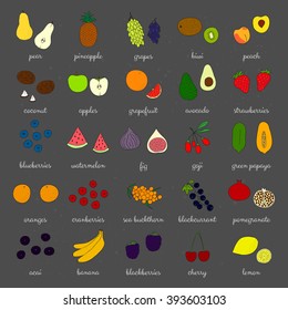 Hand drawn fruits and berries isolated on the blackboard Pineapple, strawberry, acai, goji, kiwi, apple, grapefruit, banana, blackberry, seabuckthorn, cherry, lemon, blackcurrant, papaya, grape, peach
