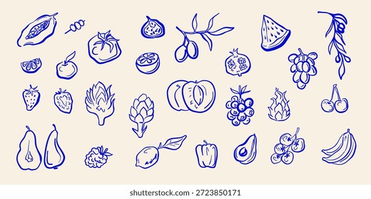 Hand drawn fruits and berries set with pear, grape, cherry, fig, peach, watermelon, avocado, and other fruits in blue outline style. Vector illustration.