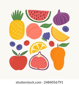 Hand drawn fruits and berries. Trendy abstract minimal style. Natural tropical whole fruits and slices. Fig, apple, peach, lemon, pineapple, watermelon, blueberry. Vector illustration.