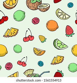 Hand drawn fruits and berries vector seamless pattern. Ink pen cherry, lemon with ananas and coconut slices, strawberry and blueberry fruits sketch. Vintage background in bright summer colors.