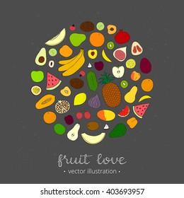 Hand drawn fruits in circle on chalkboard. Pineapple, kiwi, grapefruit, banana, lemon, papaya, lime, passionfruit, lychee, plum, watermelon, avocado, coconut. Can be used for prints, cards, posters.