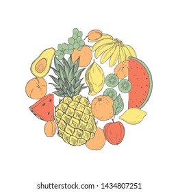 Hand drawn fruits in circle. Vector sketch  illustration.