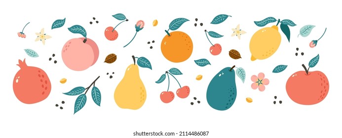 Hand Drawn Fruits. Collection of Doodle style fruits illustrations for poster, banner, background, market label, logo, postcard, sticker, menu, food package design and decoration