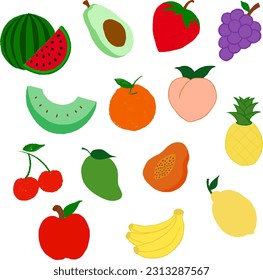 Hand drawn fruits in crayon colouring style. For decoration, stickers, banners, social media post, icon, logo, online shopping sites, web or mobile button, children's book, print, etc.