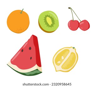 Hand drawn fruits. Doodle harvest, citrus, avocado and apple, natural vegan sweet summer fruits. Tropical organic fruit, delicious kitchen food. Isolated signs vector illustration set
