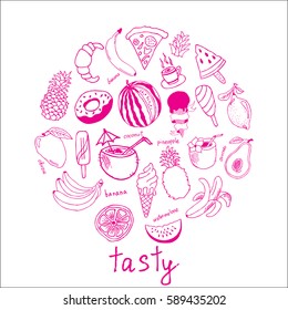 Hand drawn fruits doodle Icons collection on white background. Vector illustration for your design