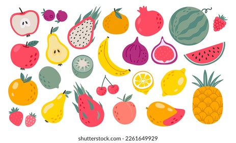 Hand drawn fruits. Doodle natural tropical fruit, organic apple, vitamin lemon and citrus orange. Banana, sweet peach and watermelon vector set. Healthy natural food, tropical ingredients