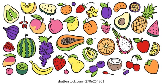 Frutas dibujadas a mano. Piña plana, frambuesa y plátano, manzana y limón, kiwi y ciruela, granada y dragón, uva y cereza, naranja. Conjunto de Vector de fruta tropical.