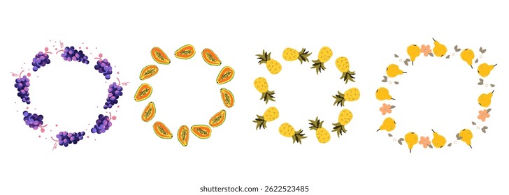 Hand drawn fruits frames in modern artist painting style. Exotic fruit square greeting cards. Vector illustration and border. Unique print for poster, social media poster, flyer, brochure, banner or b