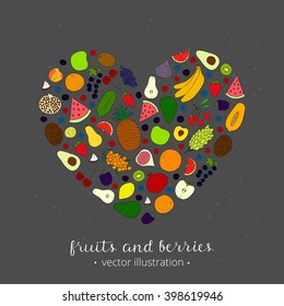 Hand drawn fruits in heart shape. Pineapple, kiwi, apple, grapefruit, banana, lemon, papaya, peach, lime, passionfruit, lychee, plum, apricot, watermelon, avocado, coconut.