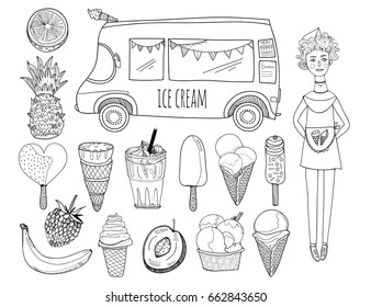 Hand drawn fruits and ice cream. Graphic vector set. All elements are isolated