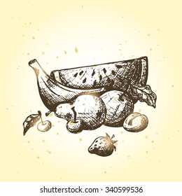 Hand drawn fruits illustration. Vector card.