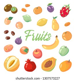 Hand drawn fruits isolated on white background in unique trendy organic style. Fruits icons. Vector illustration for menu design, packaging, cooking book.