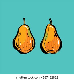 Hand drawn fruits on blue background.