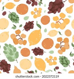 Hand drawn fruits. Orange, lemon, grape, gooseberry, apricots, peaches, plums on branch. Summer vector illustration with fresh and juicy food. Seamless pattern for restaurant, menu, package design. 