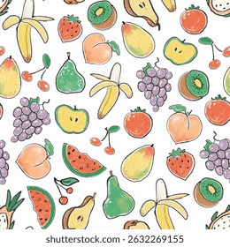 Hand drawn fruits pattern on a white background