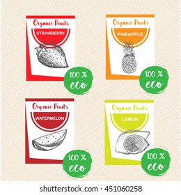 Hand drawn fruits. Posters of organic fruits made sketch style. Set of eco food. Vector illustration