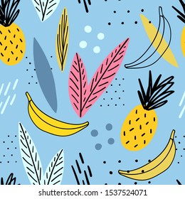 Hand drawn fruits seamless pattern for print, fabric, textile. Modern kids background with decorative fruits ananas, bananas.
