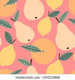 Hand drawn fruits seamless pattern for print, textile, fabric. Trendy kids fruits background. Lemon, orange and pears background.