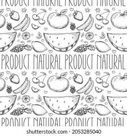 Hand drawn fruits. Seamless pattern with natural products. Repeating texture with organic foods. Set of fresh farm market products. Food sketches. Doodle vector illustration