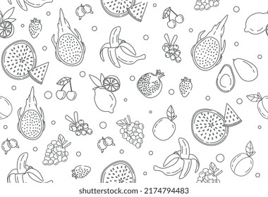 Hand Drawn fruits seamless pattern. Repeating image for printing on fabric or paper. Pattern with banana, avocado, lemon, grapes and watermelon. Healthy diet. Cartoon flat vector illustration