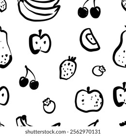 Hand drawn fruits seamless pattern. Naive art drawing of apples, pears, banana and berries. Black and white colours. 