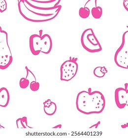 Hand drawn fruits seamless pattern. Naive art drawing of apples, pears, banana and berries. Pinkk and white colours.