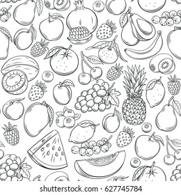 Hand Drawn Fruits Seamless Pattern. Healthy Food Vector Background.