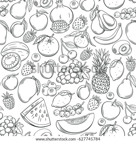 Hand drawn fruits seamless pattern. Healthy food vector background.