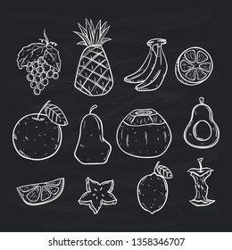 hand drawn fruits set with black and white color on chalk board background