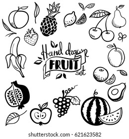 Hand drawn fruits set. Cherry, avocado, orange, lemon apple grape peach banana