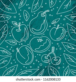 Hand drawn fruits set on blue grunge background. Doodle style. Design elements for gift wrap or fabric.