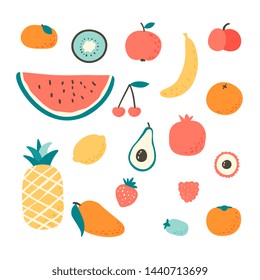 Hand drawn fruits set vector illustration isolated on white background. Whole, parts, leaves and brunches sketch style collection.