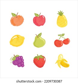 Hand drawn fruits set. Vector illustration. Natural tropical fruit isolated icon, orange, lemon, grapes, apple, pear, strawberry, pineapple, cherries and banana.  