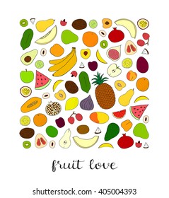 Hand drawn fruits in square shape. Pineapple, kiwi, grapefruit, banana, lemon, papaya, peach, lime, passionfruit, lychee, plum, watermelon, avocado, coconut. Can be used for prints, cards, posters.