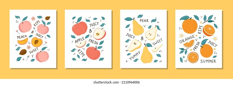 Handgezeichnete Früchte Stillleben Set. Obstillustrationen im Doodle-Stil für Poster, Banner, Hintergrund, Marktzeichen, Logo, Postkarte, Aufkleber, Menü, Design und Dekoration von Lebensmittelverpackungen