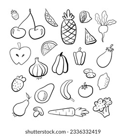 Hand drawn fruits and vegetables in doodle style isolated on white background. Vector illustration for banners, sites, menu design, packaging, cooking book or advertising.