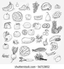 Hand Drawn Fruits And Vegetables Outline