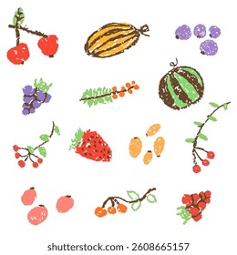 Hand drawn fruits vegetables set. Harvest autumn healthy food. Crayon like kid`s hand drawn colorful bright funny cartoon doodle style. Vector pastel chalk or pencil childlike berries, melon, cherry