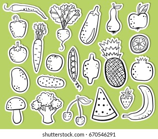 Hand drawn fruits and vegetables stickers