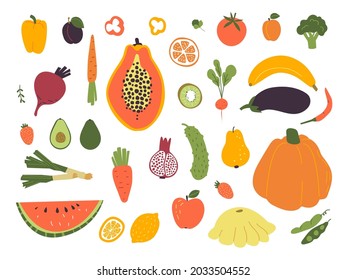 Hand drawn fruits and vegetables. Tropical fruit, fresh food doodle style. Colorful lemon, watermelon and banana. Harvest classy vector elements