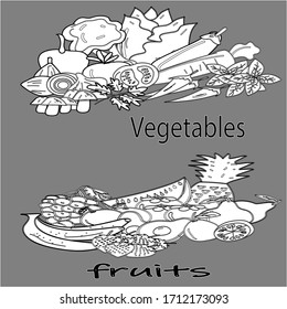 hand drawn fruits and vegetables vector