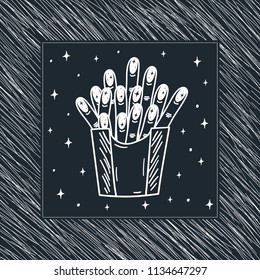 Hand Drawn fry potato in space wirh finger card in frame. Illustrations Sketch for textile, print, postcard, text, invitation, poster, background, book, t-shirt print, design, wallpaper