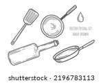 Hand drawn frying kitchen elements set on white background. Vintage bottle, oil drop, two frying pans, spatula for stirring food. Decorative icons for cafe menu design, banner layout. Recipe. Sketch.