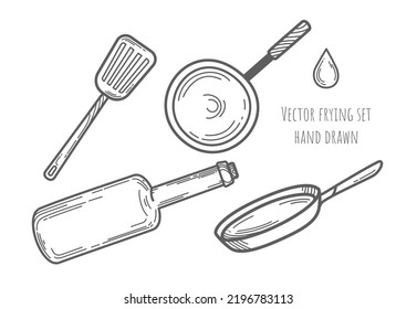 Hand drawn frying kitchen elements set on white background. Vintage bottle, oil drop, two frying pans, spatula for stirring food. Decorative icons for cafe menu design, banner layout. Recipe. Sketch.