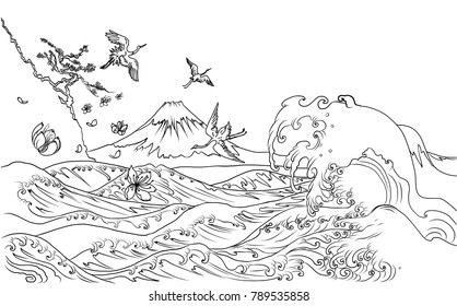 Hand drawn Fuji Mountain with Heron bird and Japanese wave vector.